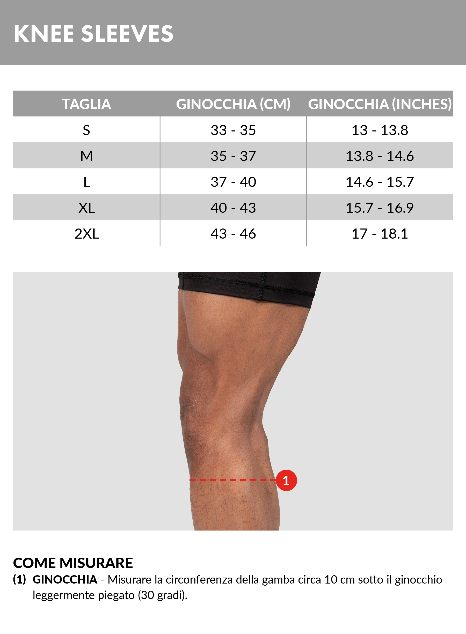 Tabella taglie manicotti ginocchia Gorilla Wear